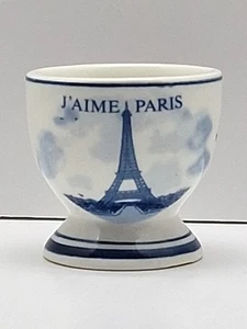Portavasos para huevos J'Aime Paris pintado a mano firmado hecho en Francia azul sobre blanco  - Imagen 1 de 8