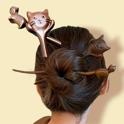 Wood Cat Face & Body Stick Chinese Style Women Hairpin Headwear Hair Fork Set 2 - Image 1 of 4