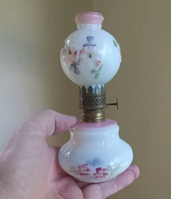 1890s MILKGLASS MINIATURE OIL LAMP WITH ORIGINAL MATCHING FLORAL GLOBE CHIMNEY - Image 1 of 4