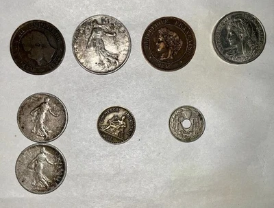 Moedas francesas - Lote de 8 - 1854, 1897, 1904, 1917, 1918, 1921, 1922 - Imagem 1 de 4