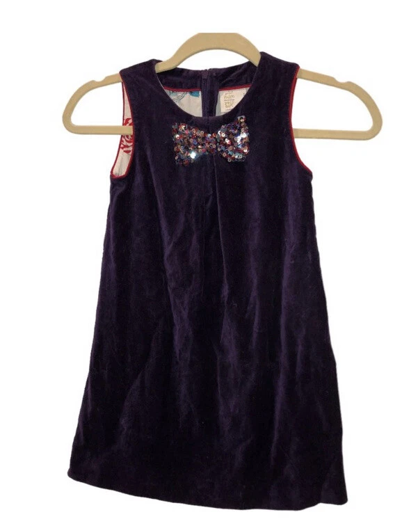 Mini Boden-talla 3/4-EASTER-Roald Dahl-púrpura-vestido-lentejuelas arco-Willy Wonka- Foto 1 de 4