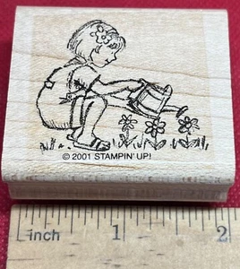 Stampin' Up! Little Girl Watering Flowers Garden Rubber Stamp 2001 Wood Mounted - Picture 1 of 4