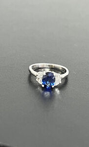 14K White Gold 1.71CT Natural Oval Blue Sapphire Half Moon Cut G/VS Diamond Ring
