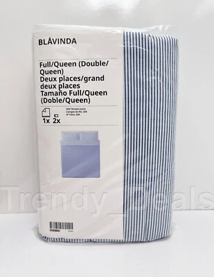 Ikea BLAVINDA Full/Queen Duvet Cover w/2 Pillowcases Bed Set Blue Solid/Striped - Image 1 of 3