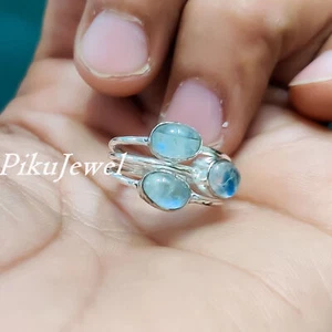 Anello fatto a mano in argento sterling 925 pietra di luna fuoco blu... - Foto 1 di 7
