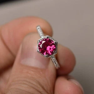 lab created Ruby Engagement Ring Silver Gemstone July Birthstone Round Cut rings - Picture 1 of 3
