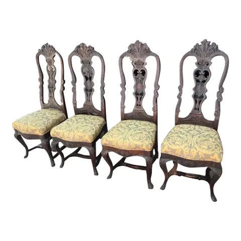 Set Of 4 Italian Walnut Carved Dining Room Chairs Cover