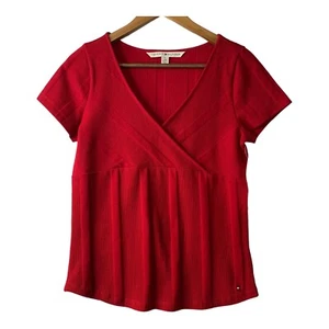 TOMMY HILFIGER Womens Top Red Short Sleeve V Neck Size M - Picture 1 of 9