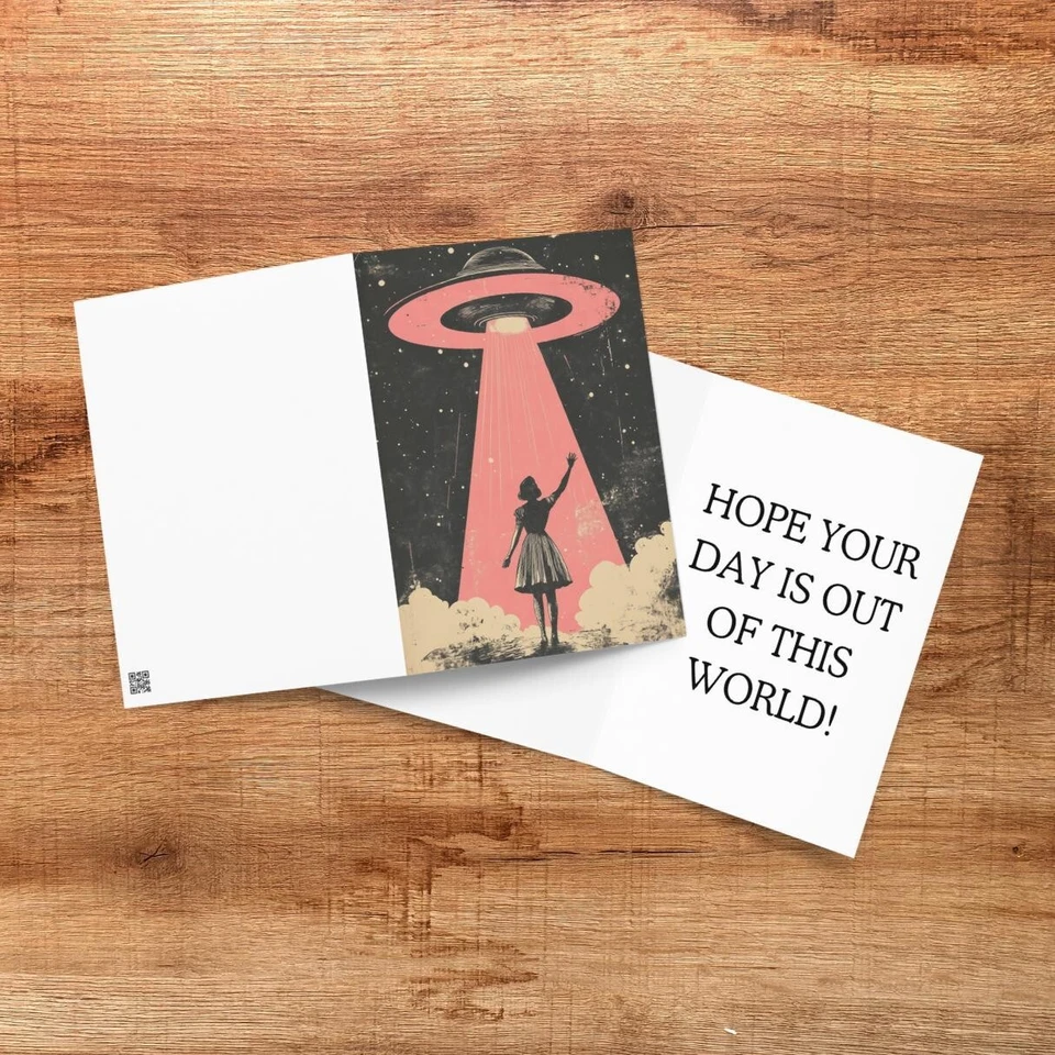 Vintage UFO Alien Birthday Card | Retro Space Greeting Card | Sci-Fi Gift - Image 1 of 4