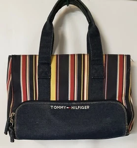 Vintage Tommy Hilfiger Blue Red Yellow Striped Denim Tote Purse Handbag  - Picture 1 of 8