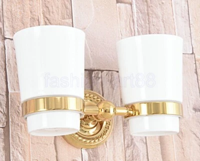 Gold Color Brass Bathroom Wall Mount Toothbrush Holder Double Ceramic Cup fba599 - Image 1 of 4