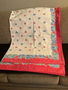 Vintage 60x80 Cotton Tablecloth White w/Red & Blue Floral Print & Multi Border - Picture 1 of 8