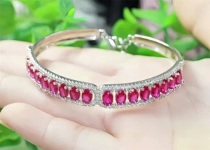Top Oval Ruby Sterling Silver Bangle Lab-Created Rose Red Corundum Ruby Bangle - Picture 1 of 5