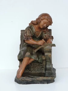 ALTE GROSSE FIGUR SKULPTUR SCHREIBENDES MÄDCHEN GIPS ANTIK CA. 1900 SIGNIERT - Bild 1 von 7