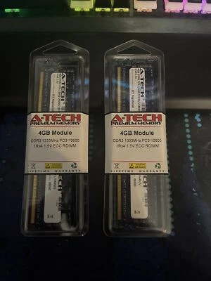 A-Tech 8GB 2x 4GB 1Rx4 PC3-10600R DDR3 1333 MHz ECC RDIMM REG Server Memory RAM - Image 1 of 2