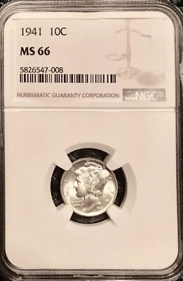 GEM TONE NGC MS-66 FB (ALMOST/CLOSE) 1941 SILVER MERCURY DIME WINGED LIBERTY 10c - Image 1 of 4
