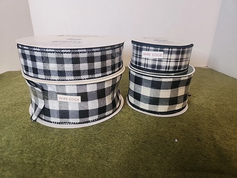 CHRISTMAS HOLIDAY BUFFALO BLACK/WHITE PLAID 4 Rolls  RIBBON 1-1/2" 2 1/2" 250ft - Image 1 of 4