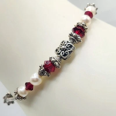 Y2K Vintage 925 Women's Bracelet 6.25"Minimalist Classic Genuine Pearl Ruby Bead - Image 1 of 4