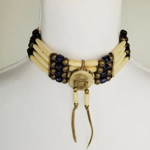Dreireihiger Knochen Haarpfeife Leder Halsband mit Messing & Glasperlen & Mittelstein  - Bild 1 von 12
