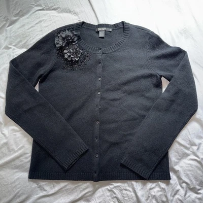 DKNY Black Wool Cardigan Sweater With Flower and Beaded Embellishment Sz M - Image 1 of 4