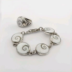 Sterling Silver Fossil Shell Bracelet Ring Set - Picture 1 of 13