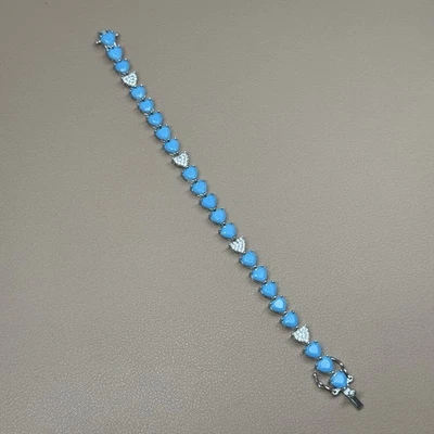 925 Sterling Silver Lab Turquoise CZ Heart Tennis Bracelet 13g 6.75” 6.7mm - Image 1 of 4