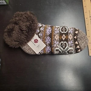 Secret Treasures Women's BROWN KNITTED ANKLE SLIPPER SOCKS Faux Fur Size 4-10 - Picture 1 of 2
