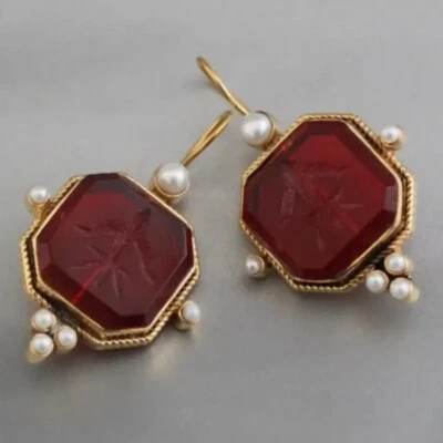 Museum Edwardian Intaglio Earrings Red Pearl Gold Cameo Flower Geometric - Image 1 of 4