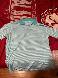 Vineyard Vines Polo Shirt Mens Large Blue White Striped Performance Golf Stretch - Picture 1 of 3