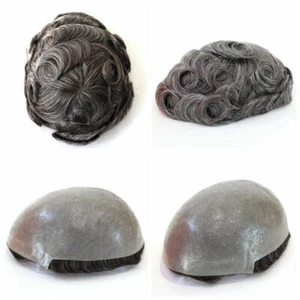#340 Mens Toupee Human Hair Replacement System Skin V-Loop Black Hairpiece 8x10 - Picture 1 of 8
