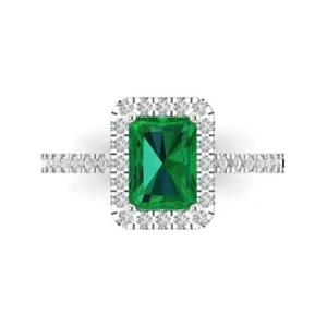 1.86 cttw Halo Simulated Emerald Engagement Ring - 14K Solid Gold (White Gold) - Picture 1 of 11