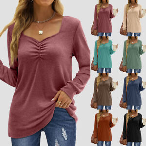Womens Casual V Neck Solid Long Sleeve Pleated Pullover T-Shirts Blouse Tops