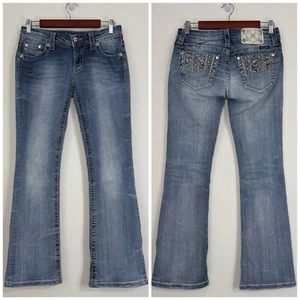 Miss Me Signature Slim Boot Jeans Size 27 Blue Rhinestone Low-Rise Stretch - Picture 1 of 14