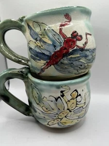 Dragonfly Mugs By Roberta Dallimonti  Pottery Set Of 2 Coffee/tea - Picture 1 of 7