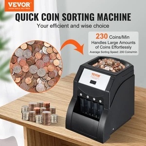 VEVOR USD Coin Sorter Machine w/ Wrappers, 230 Coins/Min, 4 Tubes, Black - Picture 1 of 8
