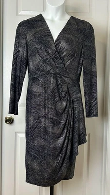 London Times Dress Womens 16 Black Silver Metallic Long Sleeve Ruched Lined - Image 1 of 4