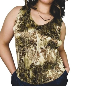 1990s Vintage Jaipur Brown Gold Satin Metallic Paisley Sleeveless Top Small - Picture 1 of 5