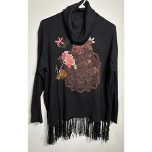 Desigual Pullover Kutte Rollkragen Fransen Saum Langarm Gr. Medium schwarz Blumen - Bild 1 von 7