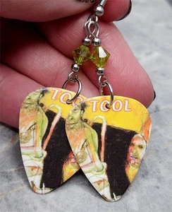 Tool Guitar Pick Earrings with Lime Green Swarovski Crystals - Picture 1 of 4