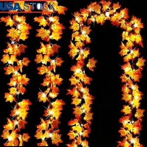 3 Pack Maple Leaf Garland String Lights Timer Indoor Outdoor Fall Decor 60 LED - Picture 1 of 25