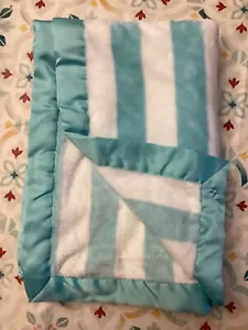 Carters OS Turquoise Striped Aqua White Stripes Satin Edge Baby Blanket 38 x 29 - Picture 1 of 3
