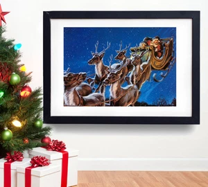 A3 XMAS POSTER Christmas Santa & Reindeer Vintage New Year Gift Wall Decoration - Picture 1 of 3