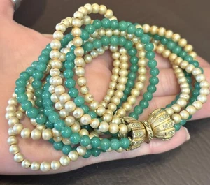 Vintage Ornate Rhinestone Clasp Green Bead Faux Pearl Multi strand Necklace 16” - Picture 1 of 12