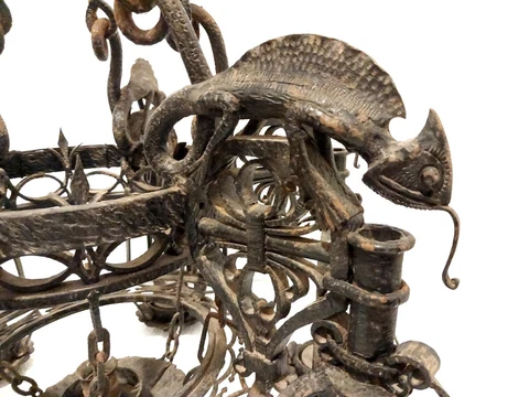 ANTIQUE DANISH WROUGHT IRON CHAMELEON GOTHIC FIGURAL CANDLE CHANDELIER LAMP Cover