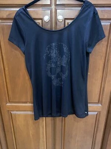 Rock & Republic Womens Cap Sleeve Black Studded Skull Top Size Medium - Picture 1 of 12