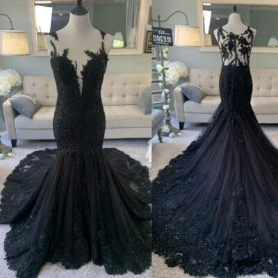 Mermaid Gothic Wedding Dresses Sequin Black Lace Appliques Train Bridal Gowns - Image 1 of 4