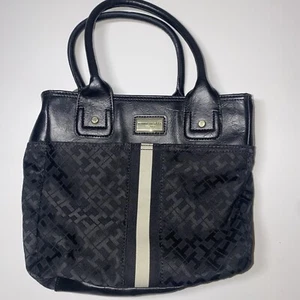 Tommy Hilfiger Small Purse Hand Bag Black Zip 3 pocket Cotton Fabric - Picture 1 of 20