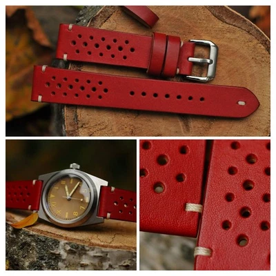 Pulseira de relógio de couro vermelha feita à mão 20x18 mm Rally Racing *Pronta para uso *Pago para os EUA - Imagem 1 de 4