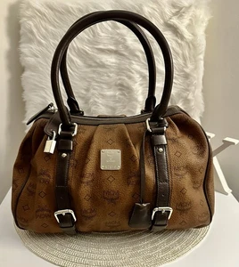AUTHENTIC MCM Brown Visetos Satchel Boston Bag with Key & Lock Excellent & card - Picture 1 of 8