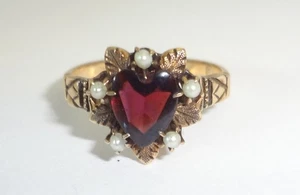 Antique 10K Rose Gold Heart Shaped Garnet & Seed Pearl Ring Size 5.25 - Picture 1 of 7